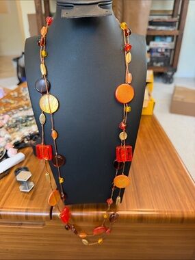 Coldwater Creek Long Multi-Bead Necklace in Red, Amber & Gold Tones